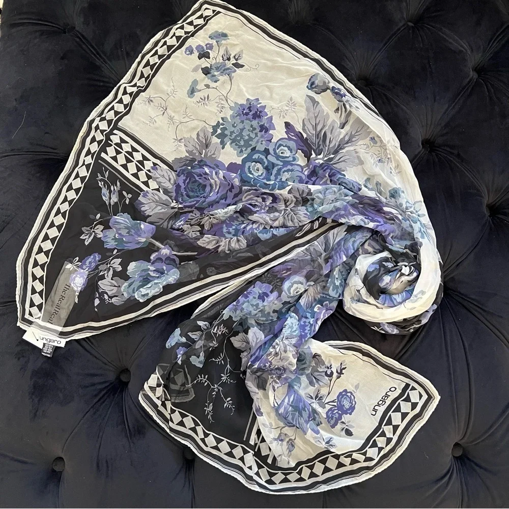 Emanuel Ungaro Vtg Silk Floral Multipurpose Oversized Scarf Wrap Cover Blue Y2K